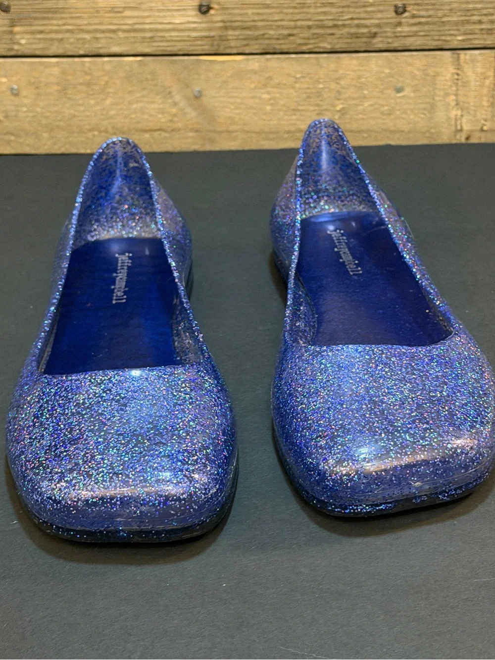 Jeffrey Campbell Blue Glitter Jelly Ballet Flats Square Toe Summer Shoes Size 10